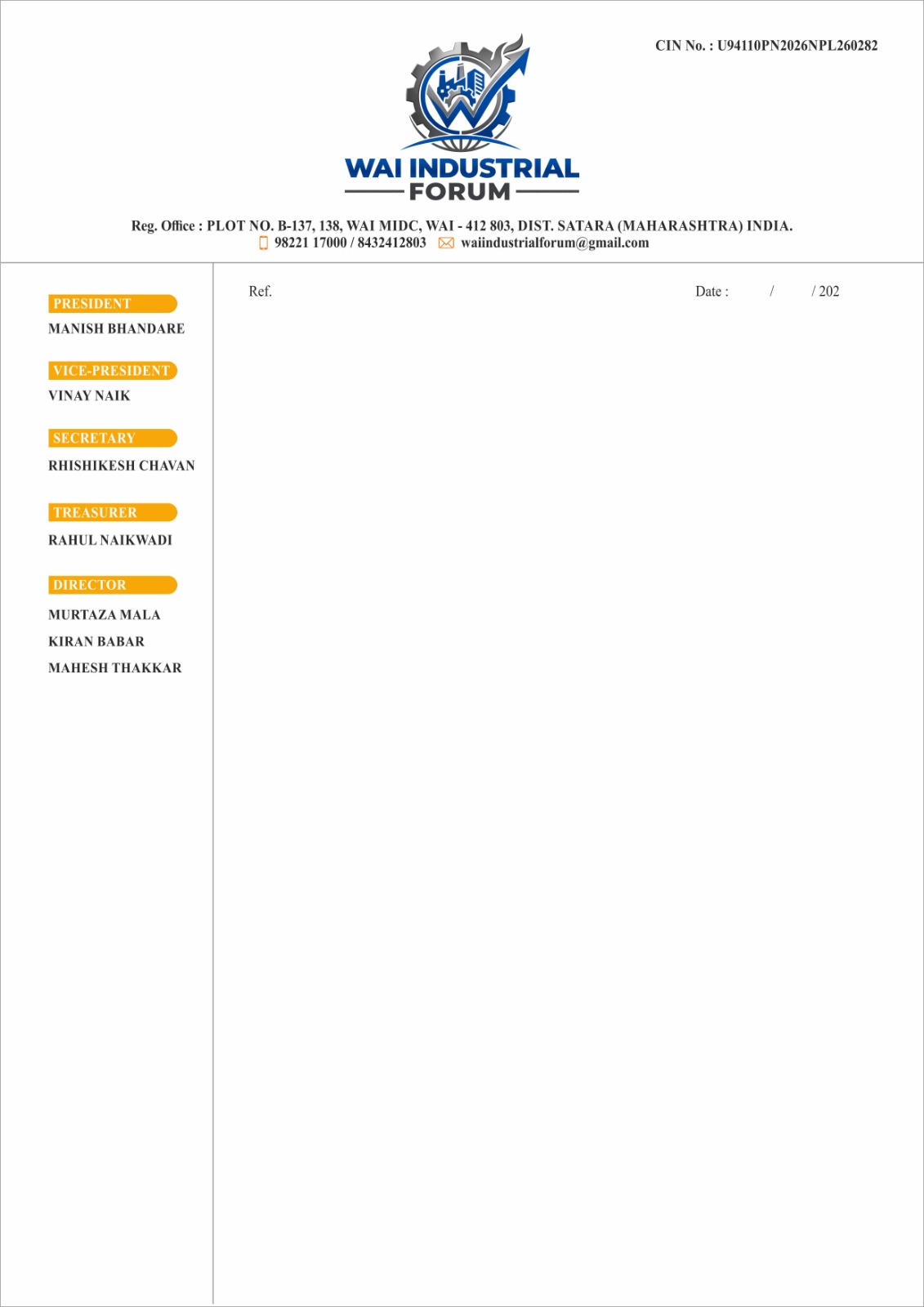 WAI Industrial Forum official letterhead with office bearers